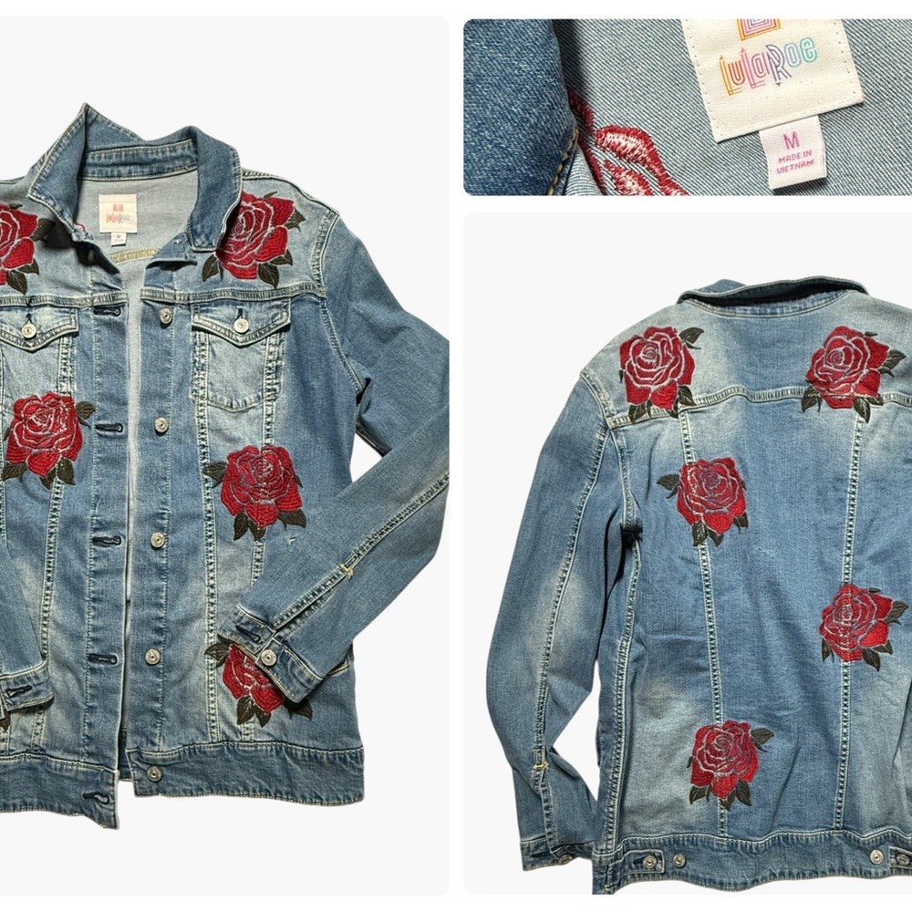 LuLaRoe Women's Blue Denim Jacket with Red Rose Embroidery